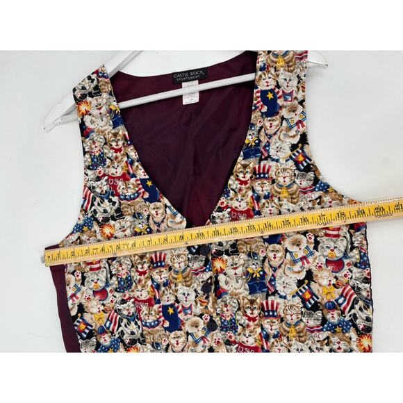 Castle Rock Vintage Vest Womens Large Cats USA American Flag Satin Button Retro - Picture 14 of 15